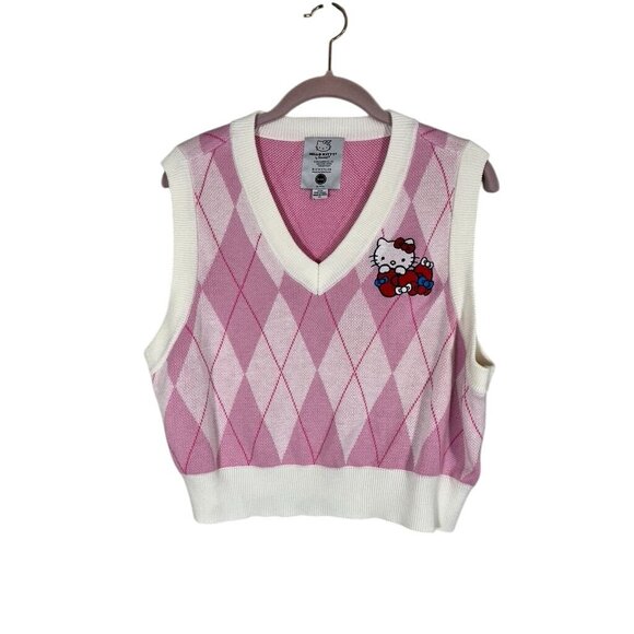 Hello Kitty Knit Sweater Vest Pink XL Argyle Preppy Academia Grunge Plaid 90s - Picture 1 of 8